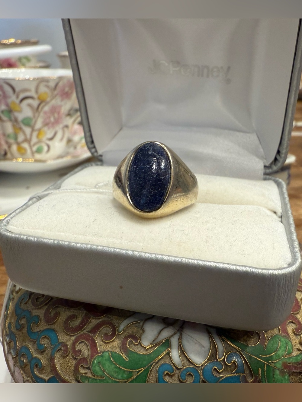 Men's Gold-Tone Ring with Dark Blue Stone